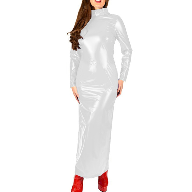 Shiny Patent Leather Turtleneck Dress for Womens Glossy Stretch PVC Long Pencil Dresses Gothic Club Zipper Back Slim Female Robe