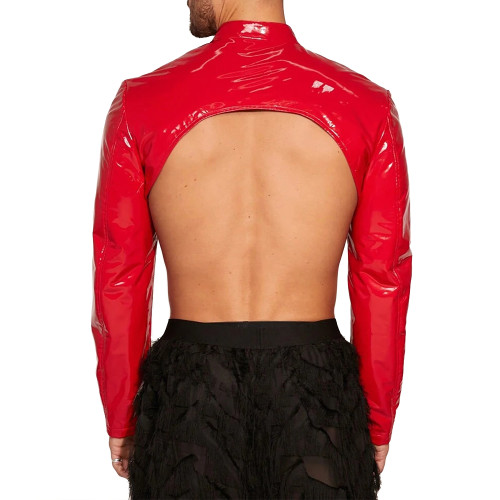 Mens Wet Look Long Sleeve Shrug Tops Sexy Open Breast Clubwear Glossy PVC Leather Mock Neck Crop Tops Night Club Dance Costume