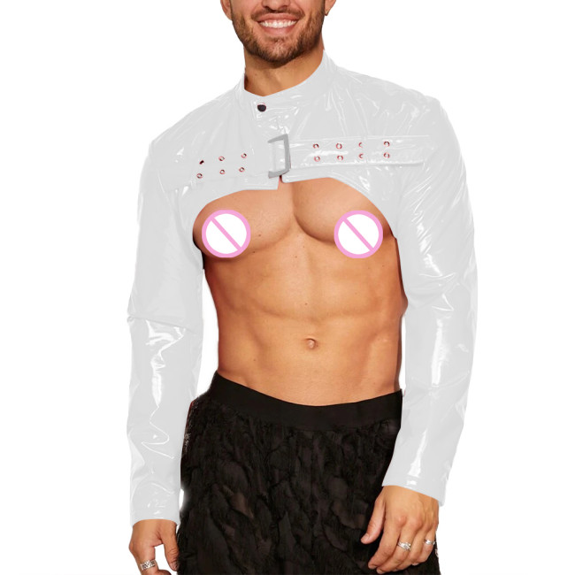 Mens Wet Look Long Sleeve Shrug Tops Sexy Open Breast Clubwear Glossy PVC Leather Mock Neck Crop Tops Night Club Dance Costume
