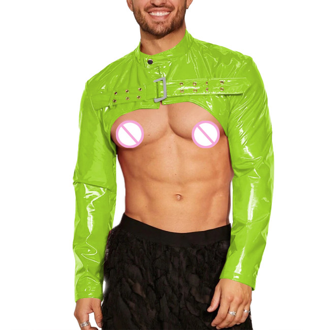 Mens Wet Look Long Sleeve Shrug Tops Sexy Open Breast Clubwear Glossy PVC Leather Mock Neck Crop Tops Night Club Dance Costume