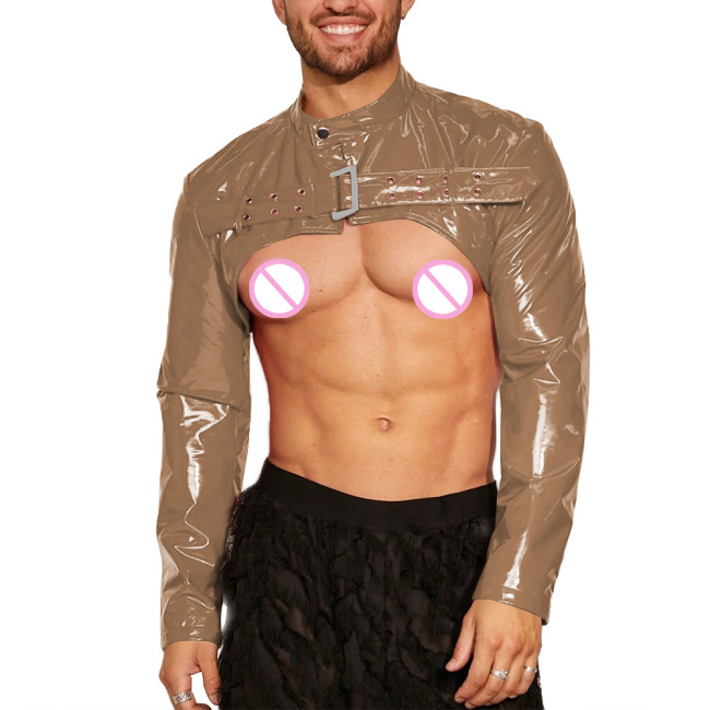 Mens Wet Look Long Sleeve Shrug Tops Sexy Open Breast Clubwear Glossy PVC Leather Mock Neck Crop Tops Night Club Dance Costume