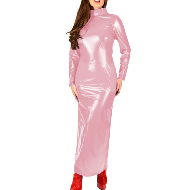 Shiny Patent Leather Turtleneck Dress for Womens Glossy Stretch PVC Long Pencil Dresses Gothic Club Zipper Back Slim Female Robe