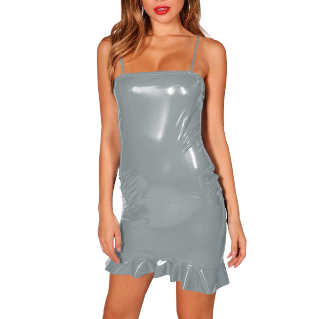 Summer High Street Strap Mini Dress Vinyl Sleeveless PVC Leather Tight Mermaid Slip Dress Womens Nightlcub Evening Party Gowns