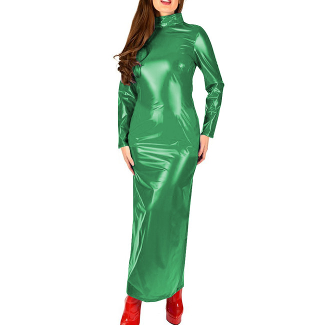 Shiny Patent Leather Turtleneck Dress for Womens Glossy Stretch PVC Long Pencil Dresses Gothic Club Zipper Back Slim Female Robe