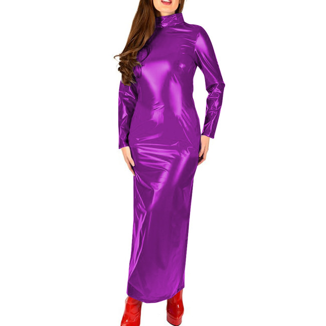 Shiny Patent Leather Turtleneck Dress for Womens Glossy Stretch PVC Long Pencil Dresses Gothic Club Zipper Back Slim Female Robe