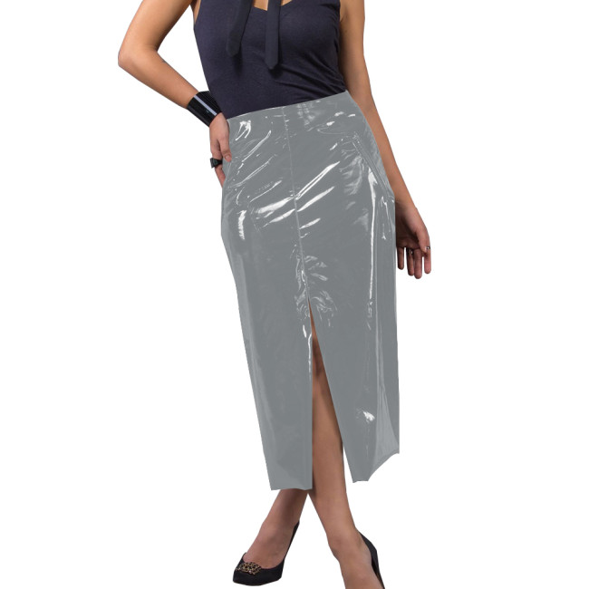 Ladies Package Hip Front Slit Pencil Skirt Latex-look PVC Leather Womens Midi Skirts Female Fashion High Street Club Outfits
