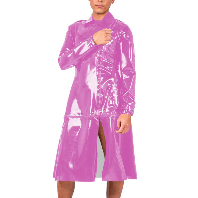 Mens Vinyl Long Sleeved Trench Coat with Zip-Off Bottom Punk Gothic PVC Leather Long Jacket Wetlook Clubwear Party Outerwear
