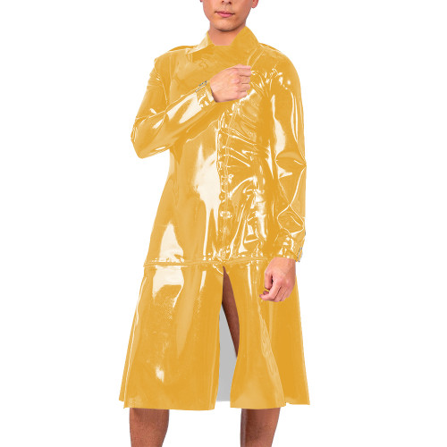 Mens Vinyl Long Sleeved Trench Coat with Zip-Off Bottom Punk Gothic PVC Leather Long Jacket Wetlook Clubwear Party Outerwear