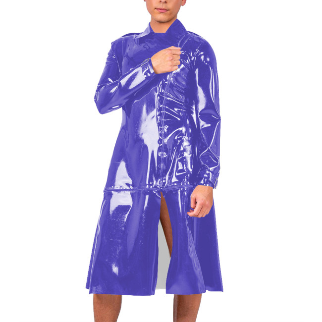 Mens Vinyl Long Sleeved Trench Coat with Zip-Off Bottom Punk Gothic PVC Leather Long Jacket Wetlook Clubwear Party Outerwear