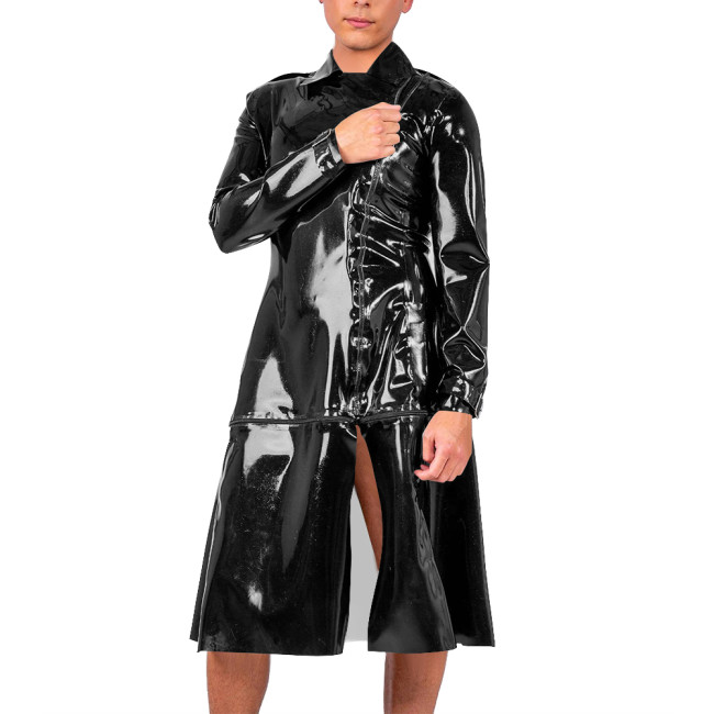 Mens Vinyl Long Sleeved Trench Coat with Zip-Off Bottom Punk Gothic PVC Leather Long Jacket Wetlook Clubwear Party Outerwear