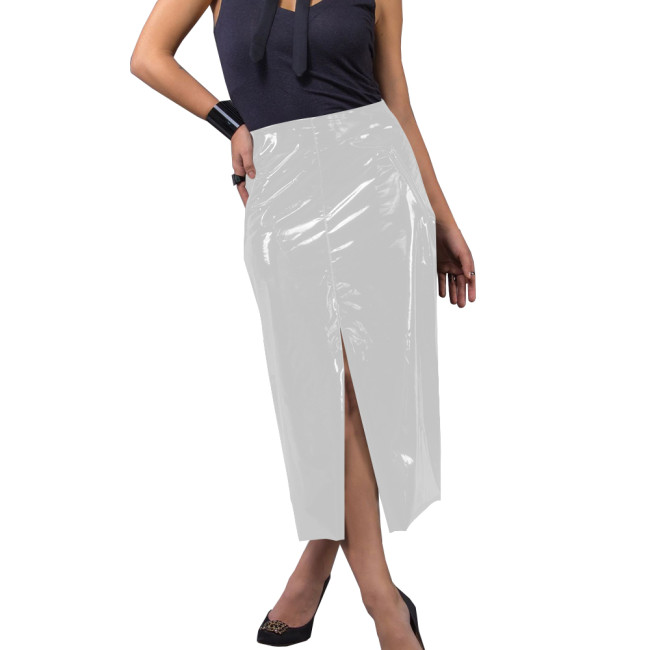 Ladies Package Hip Front Slit Pencil Skirt Latex-look PVC Leather Womens Midi Skirts Female Fashion High Street Club Outfits