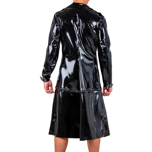 Mens Vinyl Long Sleeved Trench Coat with Zip-Off Bottom Punk Gothic PVC Leather Long Jacket Wetlook Clubwear Party Outerwear