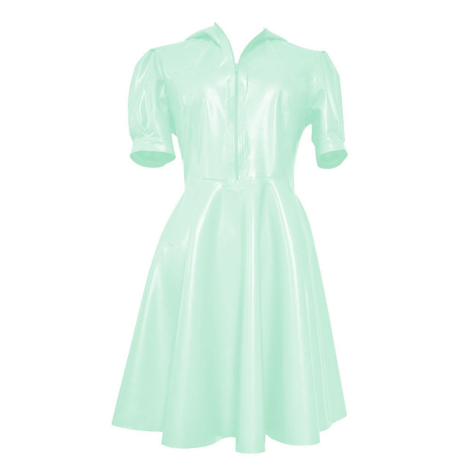 New Hooded Puff Short Sleeve Dress Women Vinyl PVC Leather High Waist A- Line Dress Party Swing Fit and Flare Skater Mini Dress