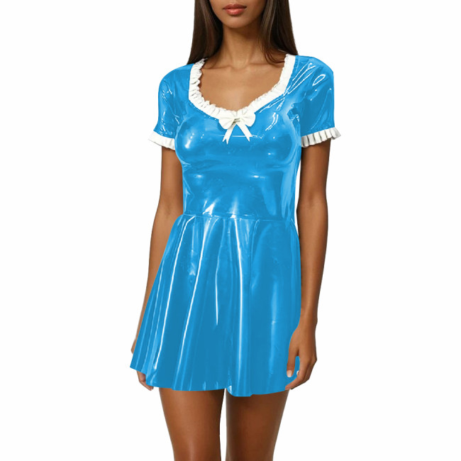 Women Sweet Mini Dress Sweetheart Neck Ruffle Bow Slim and Flared Dress Vinyl PVC Leather Lolita Style Short Sleeve Short Dress