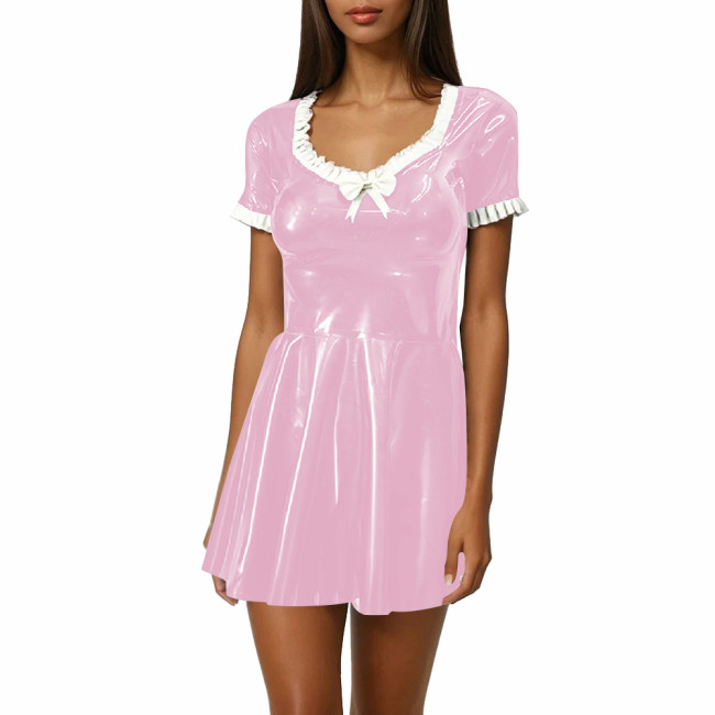 Women Sweet Mini Dress Sweetheart Neck Ruffle Bow Slim and Flared Dress Vinyl PVC Leather Lolita Style Short Sleeve Short Dress