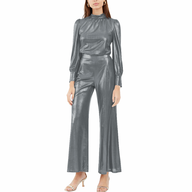 Women's Elegant Metallic Long Sleeved Top and Wide-Leg Pants Fashion Streetwear Ladies Eeving Party Pant Sets Casual Outfirs