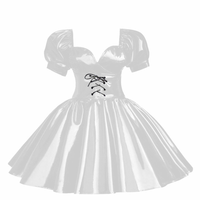 Cross-dressers Sweetheart Neck Puff Sleeve Mini Dress Shiny PVC Leather Pleated A-line Party Dress Cosplay Princess Dress OutfitCasual Party Cocktail Dress