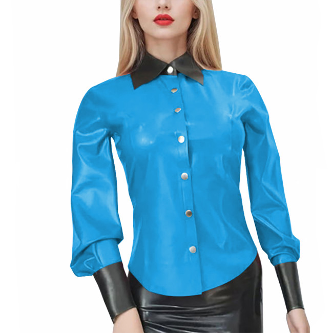New Fashion Patent Leather PVC Shirts Women Elegant Patchwork Long Sleeve Blouses Office Lady Black Turn Down Collar Casual Tops