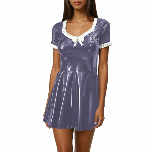 Women Sweet Mini Dress Sweetheart Neck Ruffle Bow Slim and Flared Dress Vinyl PVC Leather Lolita Style Short Sleeve Short Dress