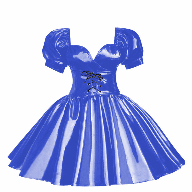 Cross-dressers Sweetheart Neck Puff Sleeve Mini Dress Shiny PVC Leather Pleated A-line Party Dress Cosplay Princess Dress OutfitCasual Party Cocktail Dress
