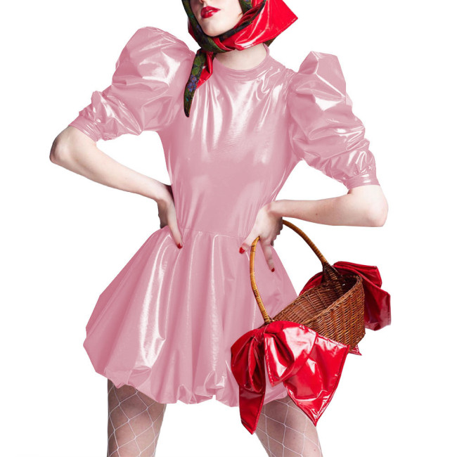 Sissy Wet Look Patent Leather Mini Dresses for Cosplay Party Costume Cross Dressering Shiny PVC Pleated Dresses Princess Outfits