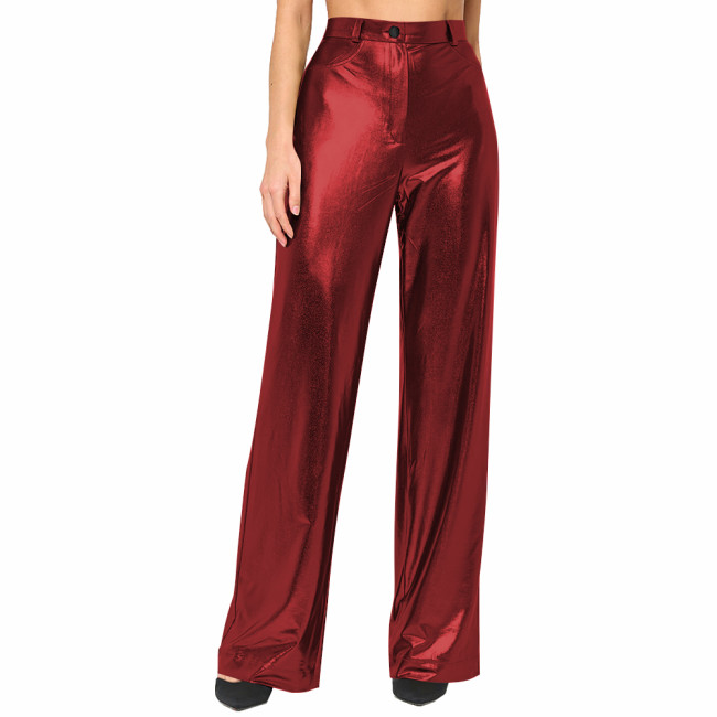 Womens Metallic Shiny Straight-leg Pants Sexy Nightclub Wide-Leg Pants Casual Pants Party Clubwear Liquid Metallic Long Trousers