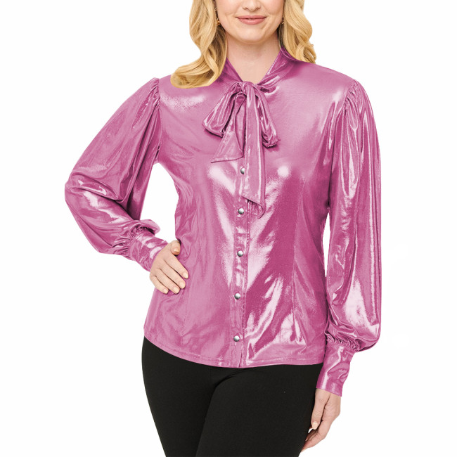 Office Ladies Shiny Necktie Blouse Fashion High Street Lantern Sleeve Shirt Liquid Metallic Button-up Front Shirts Womens Tops