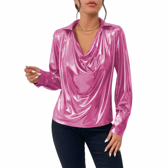 Ladies Elegant Draped Collar Metallic Blouse Womens Casual Long Sleeved Liquid Metallic Pullover Tops Fashion Cowl Neck Shirts