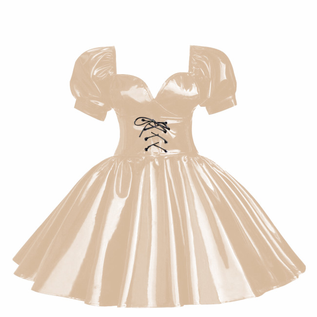 Cross-dressers Sweetheart Neck Puff Sleeve Mini Dress Shiny PVC Leather Pleated A-line Party Dress Cosplay Princess Dress OutfitCasual Party Cocktail Dress
