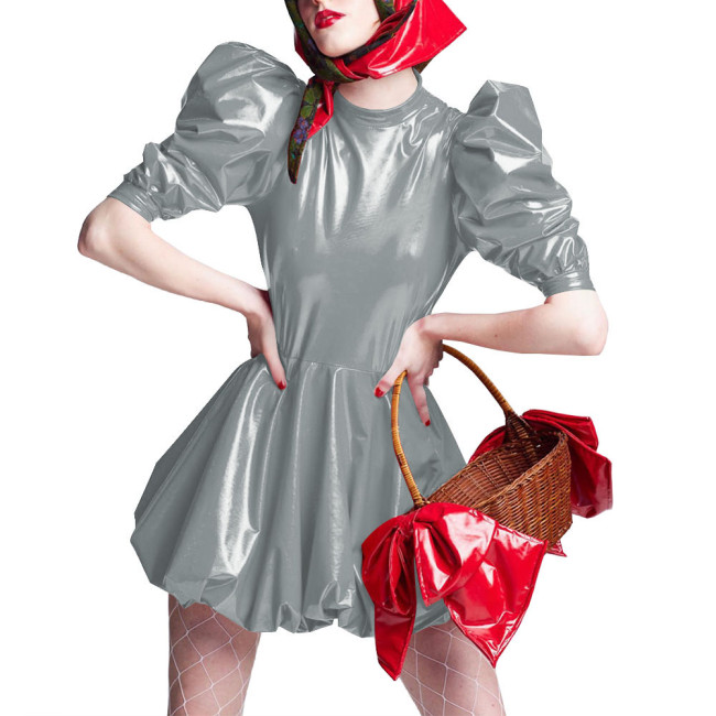 Sissy Wet Look Patent Leather Mini Dresses for Cosplay Party Costume Cross Dressering Shiny PVC Pleated Dresses Princess Outfits