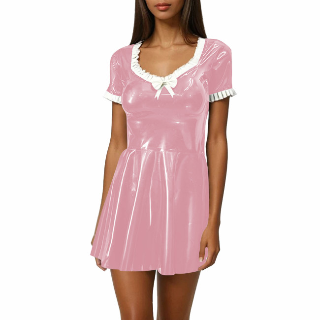 Women Sweet Mini Dress Sweetheart Neck Ruffle Bow Slim and Flared Dress Vinyl PVC Leather Lolita Style Short Sleeve Short Dress
