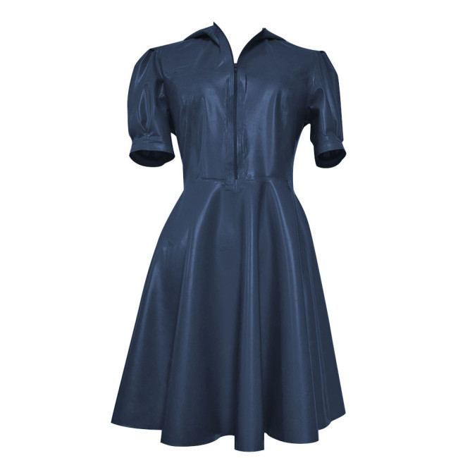 New Hooded Puff Short Sleeve Dress Women Vinyl PVC Leather High Waist A- Line Dress Party Swing Fit and Flare Skater Mini Dress