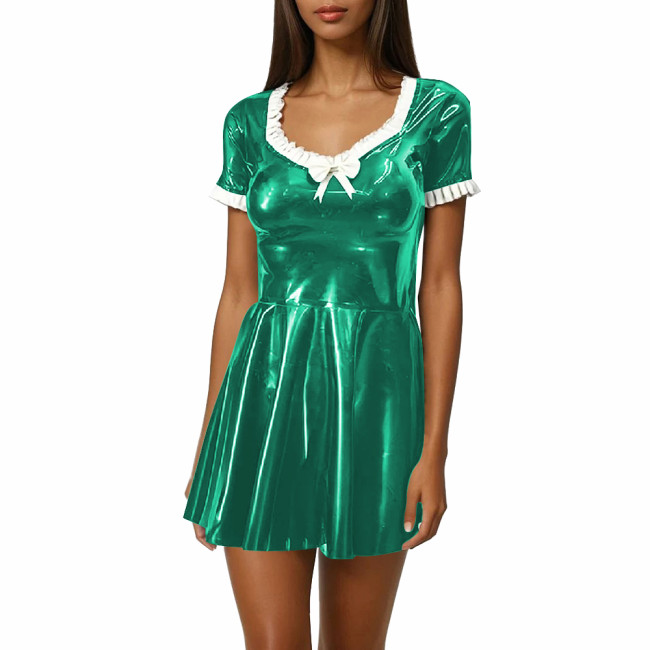 Women Sweet Mini Dress Sweetheart Neck Ruffle Bow Slim and Flared Dress Vinyl PVC Leather Lolita Style Short Sleeve Short Dress