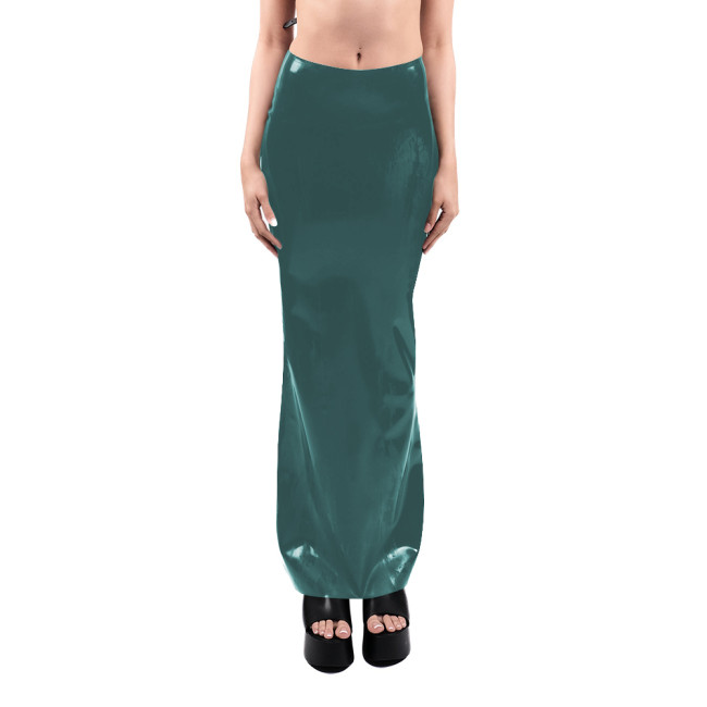 Sissy High Waist Faux Latex Long Skirt Sexy Stretch PVC Bodycon Pencil Skirts Shiny Zipper Split Back Gothic Skirts Clubwear