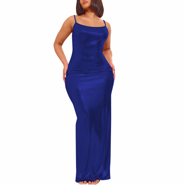Elegant Soft Spandex Spaghetti Strap Bodycon Long Dress Women's Sexy Evening Gown Liquid Metallic Full-length Mermaid Dresses
