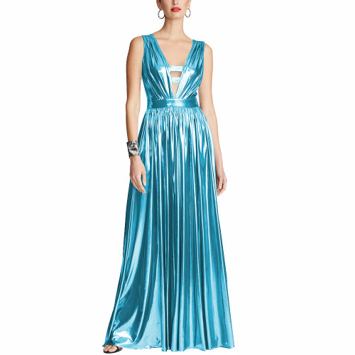 Elegant V-Neck Floor-length Dress Soft Liquid Metallic Evening Gown for Women Sleeveless Slim High Waist Party Pleated Dresses