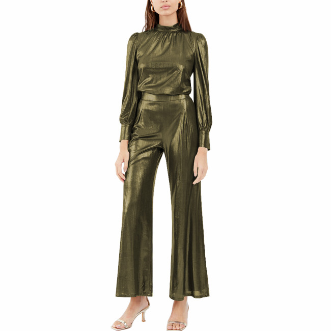 Women's Elegant Metallic Long Sleeved Top and Wide-Leg Pants Fashion Streetwear Ladies Eeving Party Pant Sets Casual Outfirs