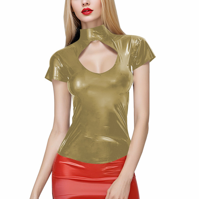 Ladies Patent PVC Leather Slim T-shirts Punk Club Sexy Hollow Out Tops Womens Short Sleeved Turtleneck Solid Color Tee Shirtsfles Hem Top Streetwear
