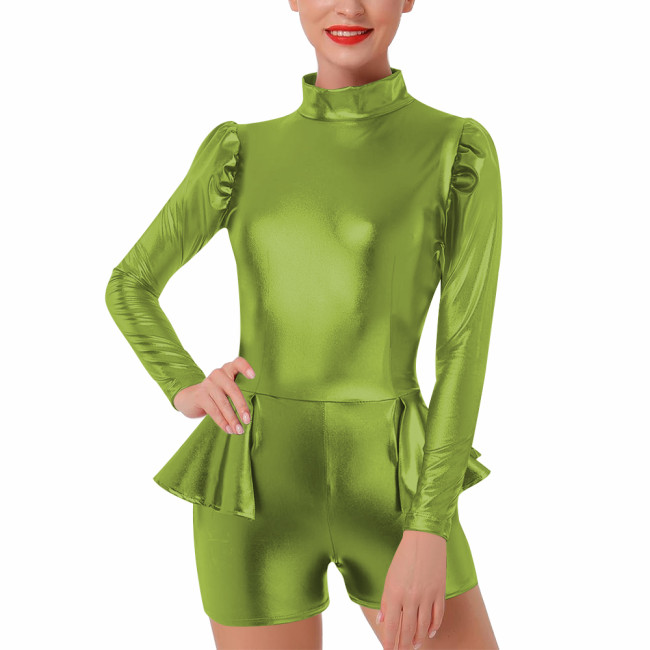 Rave Party Turtleneck Bodysuit Shiny Metallic Long Sleeved Shorts Jumpsuit Zipper Back Ruffle Rump Romper Wetlook Cosplay Zentai