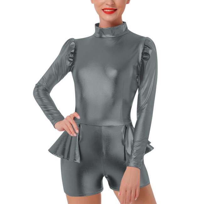 Rave Party Turtleneck Bodysuit Shiny Metallic Long Sleeved Shorts Jumpsuit Zipper Back Ruffle Rump Romper Wetlook Cosplay Zentai