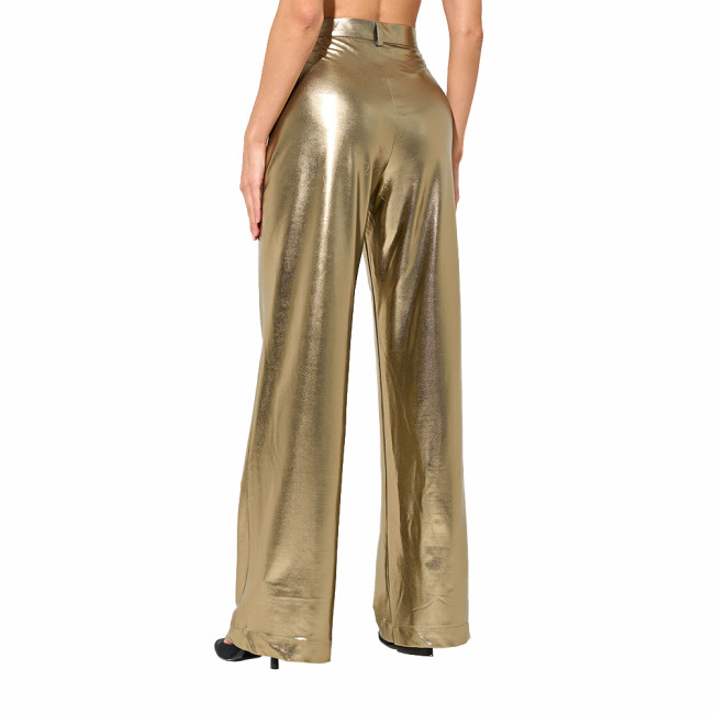 Womens Metallic Shiny Straight-leg Pants Sexy Nightclub Wide-Leg Pants Casual Pants Party Clubwear Liquid Metallic Long Trousers
