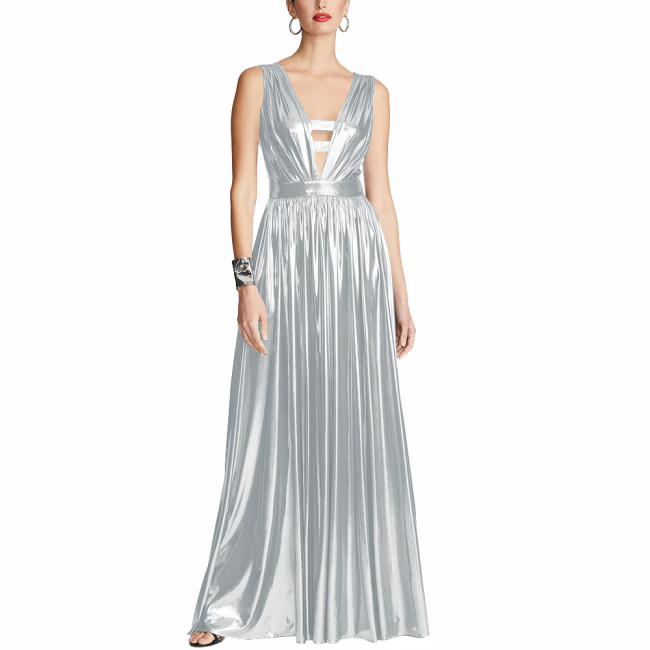 Elegant V-Neck Floor-length Dress Soft Liquid Metallic Evening Gown for Women Sleeveless Slim High Waist Party Pleated Dresses