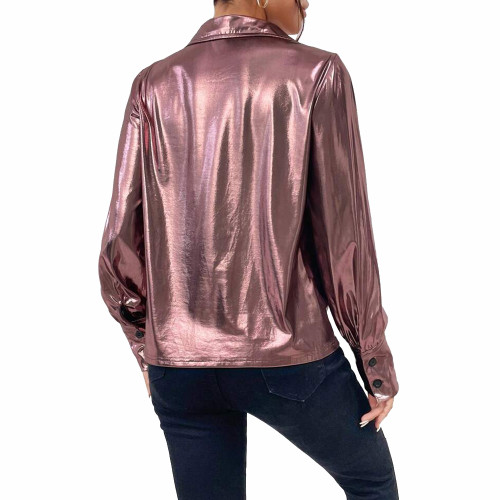 Ladies Elegant Draped Collar Metallic Blouse Womens Casual Long Sleeved Liquid Metallic Pullover Tops Fashion Cowl Neck Shirts