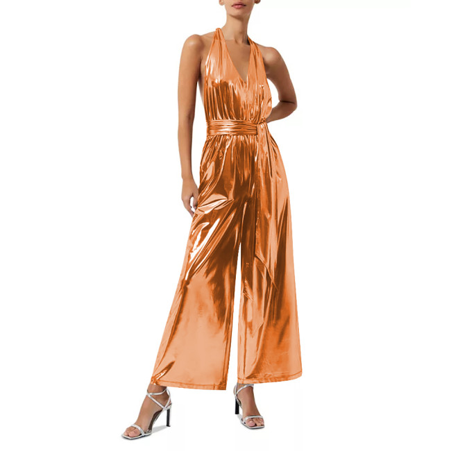 French Sexy Liquid Metallic Backless Jumpsuit for Womens Off-shoulder V-neck Laides Wide Leg Romoers Fashion One Piece Overalls