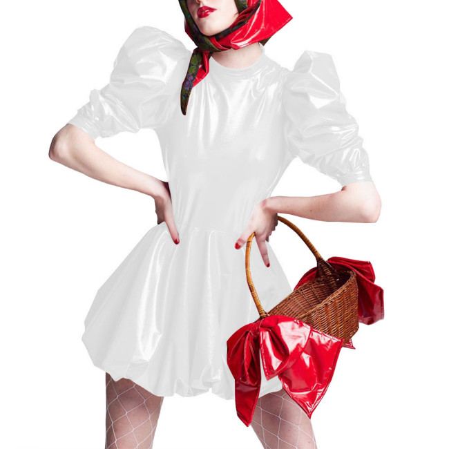 Sissy Wet Look Patent Leather Mini Dresses for Cosplay Party Costume Cross Dressering Shiny PVC Pleated Dresses Princess Outfits