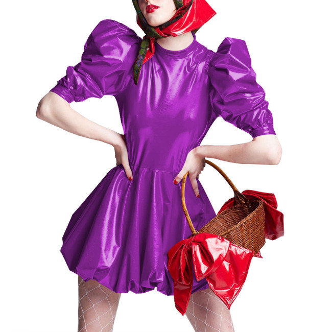 Sissy Wet Look Patent Leather Mini Dresses for Cosplay Party Costume Cross Dressering Shiny PVC Pleated Dresses Princess Outfits