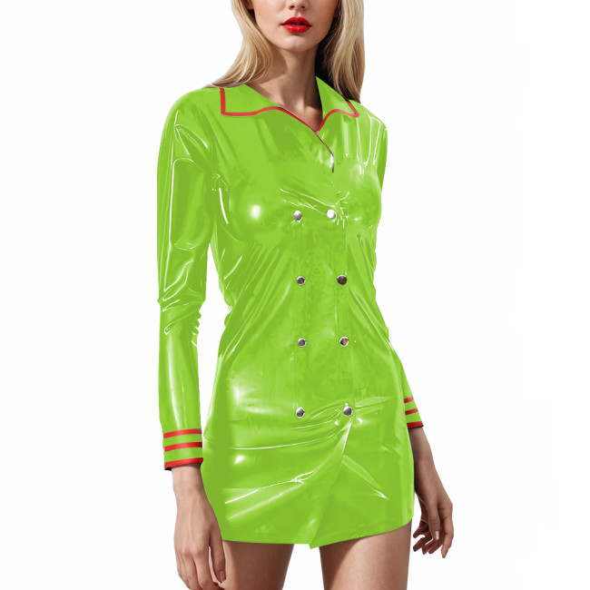 Fashion Latex-look PVC Leather Mini Dress Novelty Uniform Style Double-Breasted Long Sleeve Womens Dress Sexy Cosplay Costume