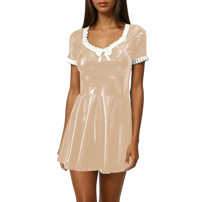 Women Sweet Mini Dress Sweetheart Neck Ruffle Bow Slim and Flared Dress Vinyl PVC Leather Lolita Style Short Sleeve Short Dress