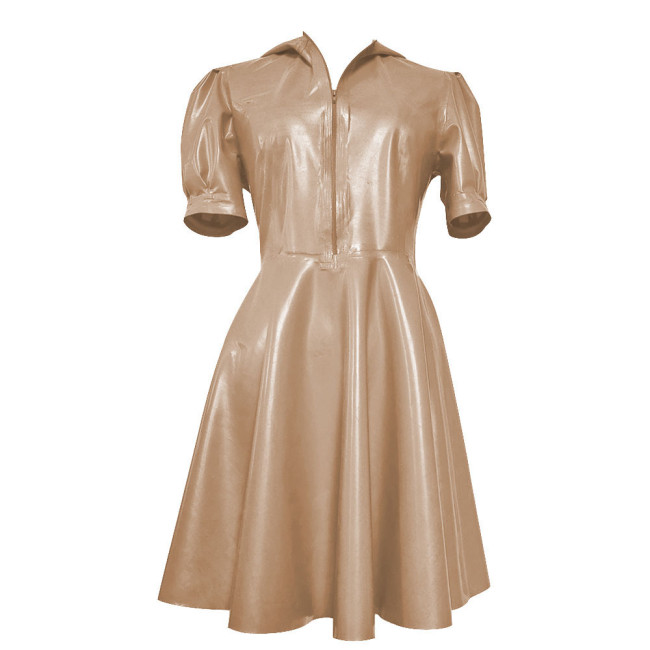 New Hooded Puff Short Sleeve Dress Women Vinyl PVC Leather High Waist A- Line Dress Party Swing Fit and Flare Skater Mini Dress