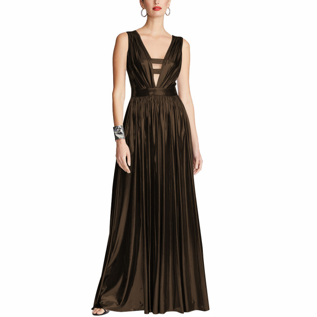 Elegant V-Neck Floor-length Dress Soft Liquid Metallic Evening Gown for Women Sleeveless Slim High Waist Party Pleated Dresses
